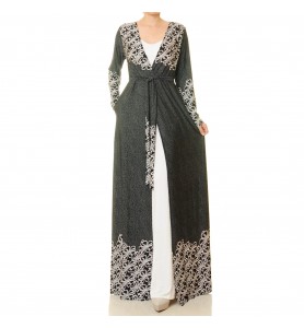 Ink flower edge lace-up robe for outer wear