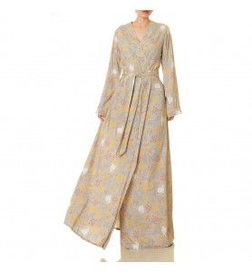 Misty Gray Floral Wrap Long Dress