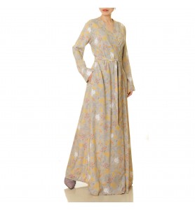 Misty Gray Floral Wrap Long Dress